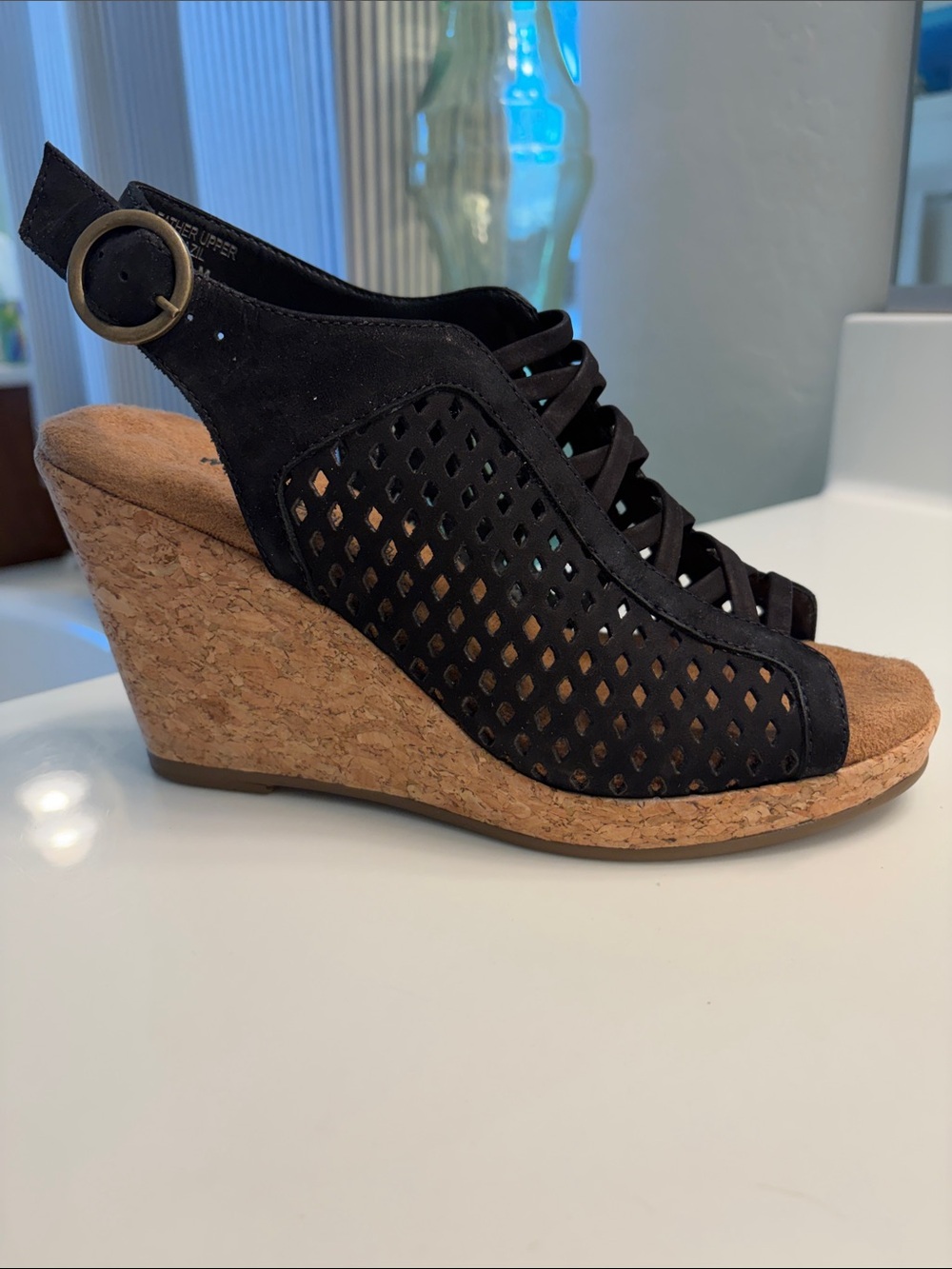 Walking Cradles Black Suede Perforated Cork Wedge Sandals